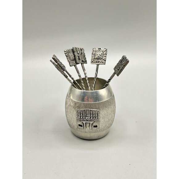 Vintage Carsu Bolivia Cocktail Picks Set with Barrel Holder 6 Picks Reusable - Picture 2 of 8